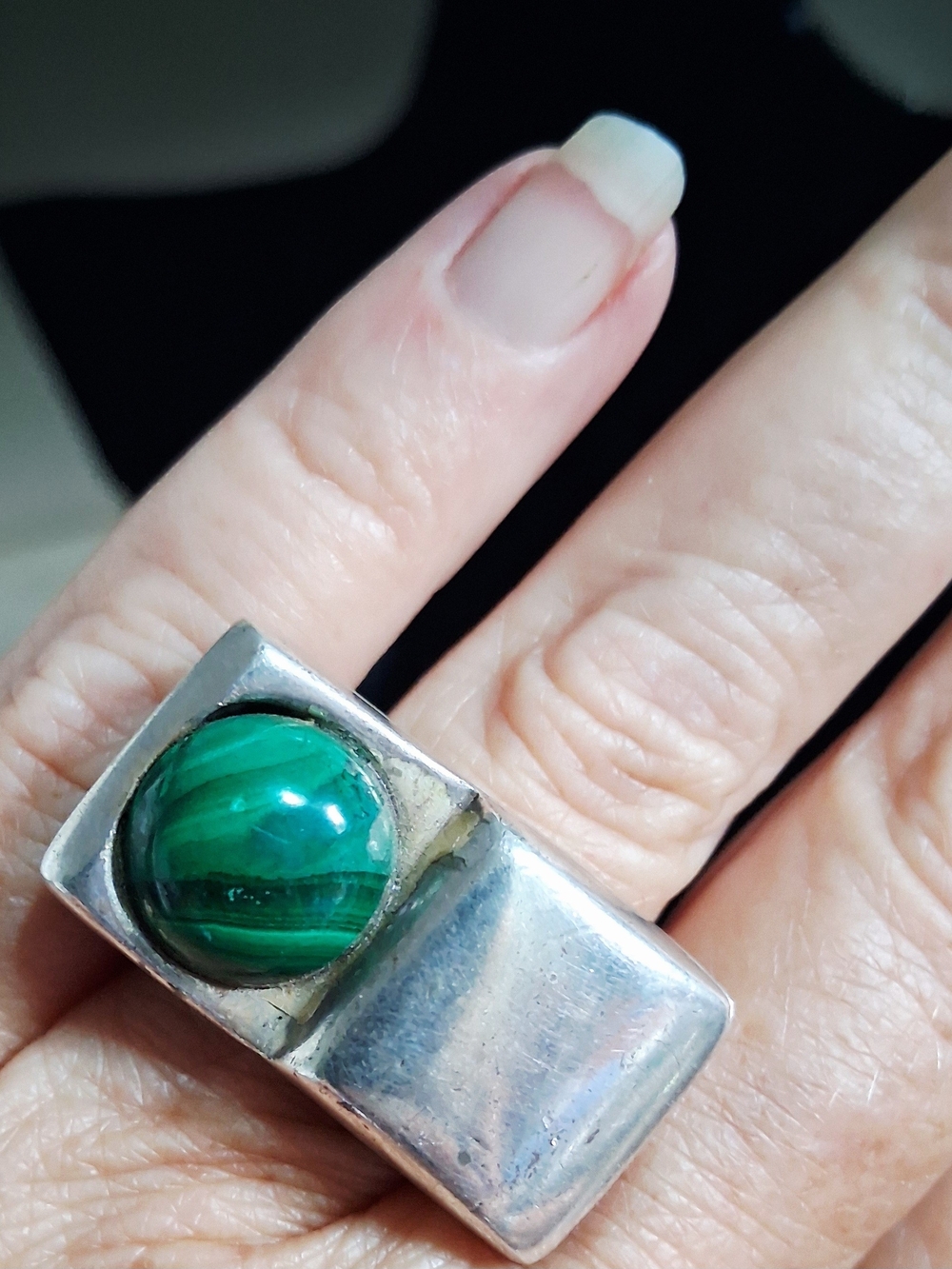Vintage sterling silver ring Geometric bold chunky Malachite Handmade Modern 7.5
